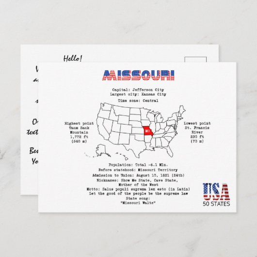 Missouri American Staat auf einer Karte und nützli (Vorne/Hinten)