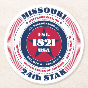 Missouri Red White Blue Typografie Runder Pappuntersetzer
