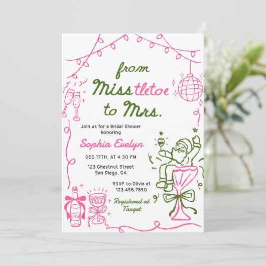 Misstletoe to Mrs Christmas Bridal Shower Einladung (Stehend Vorderseite)