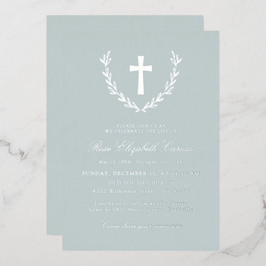 Mist Silver Wreath Cross Feier des Lebens Folieneinladung (Vorderseite/Rückseite)