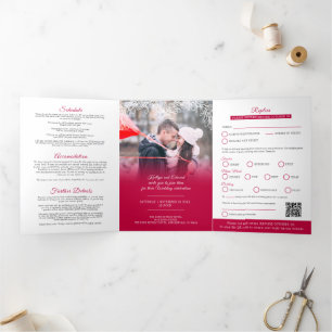 Mistelzweig rote Hochzeitsmenü-Option RSVP QR-Code Dreifach Gefaltete Einladung