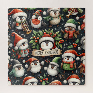 Mistelzweig-Weihnachts-Pinguin-Caroler und Rotkehl Puzzle