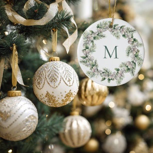 Mistelzweig Weiße Beeren Monogramm Kranz Weihnacht Keramik Ornament