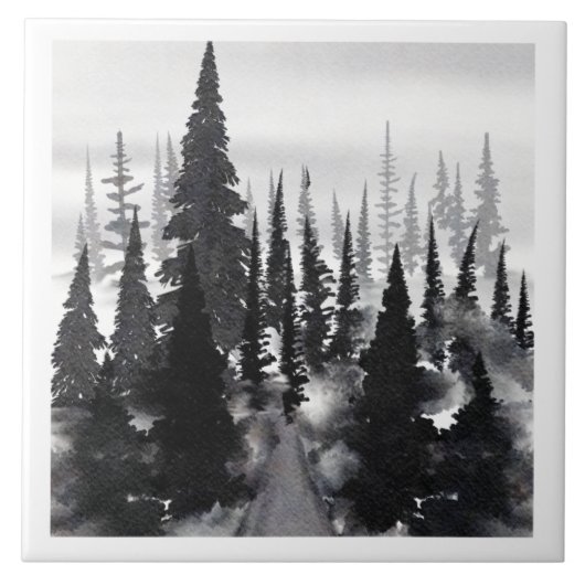 Misti monochrome Pine Forest Wasserfarbe Kunst dru Fliese (Vorderseite)