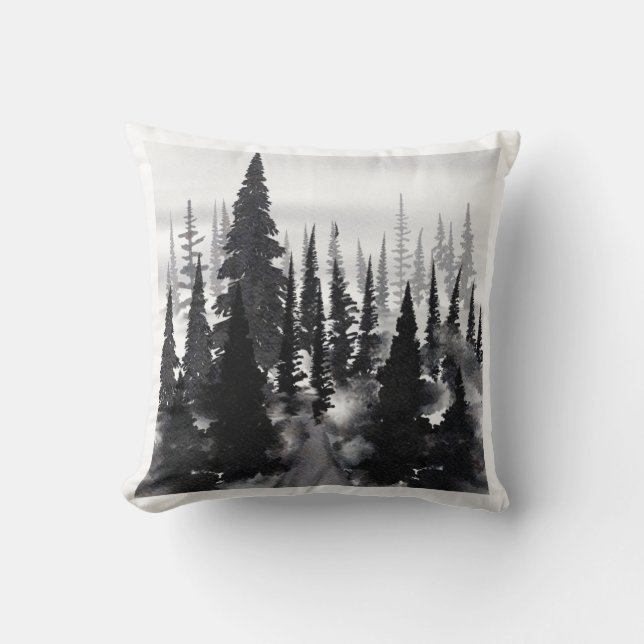 Misti monochrome Pine Forest Wasserfarbe Kunst dru Kissen (Vorderseite)