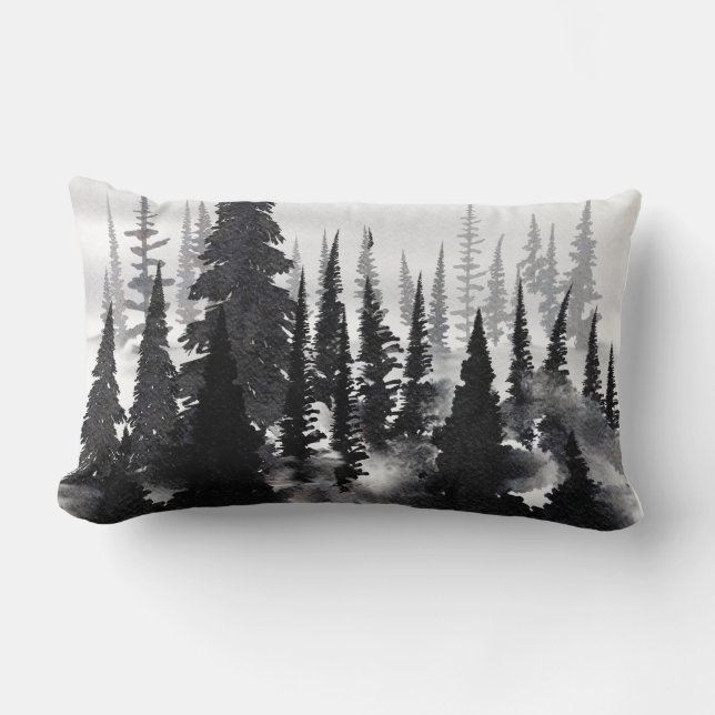 Misti monochrome Pine Forest Wasserfarbe Kunst dru Lendenkissen (Vorderseite)