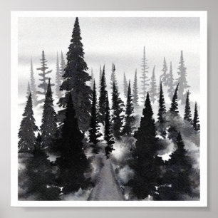 Misti monochrome Pine Forest Wasserfarbe Kunst dru Poster
