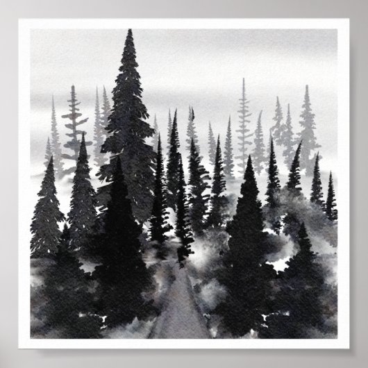 Misti monochrome Pine Forest Wasserfarbe Kunst dru Poster (Vorne)