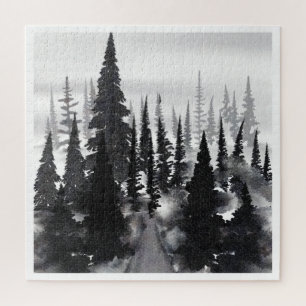 Misti monochrome Pine Forest Wasserfarbe Kunst dru Puzzle