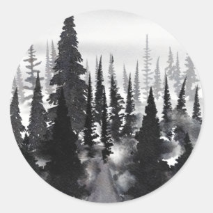 Misti monochrome Pine Forest Wasserfarbe Kunst dru Runder Aufkleber