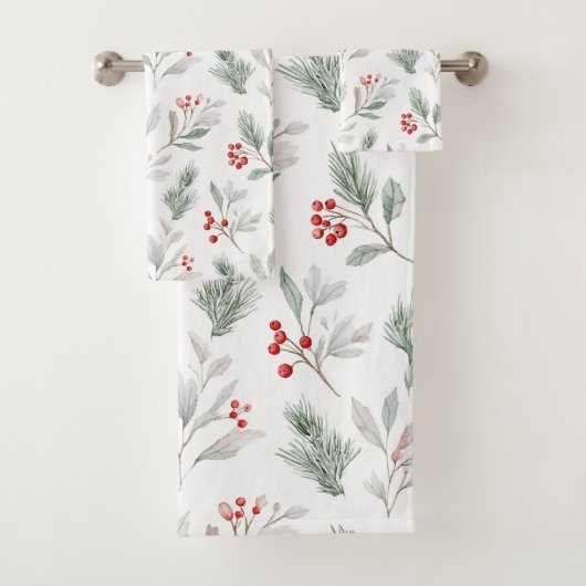 Mistletoe and Holly Berries Pattern Badhandtuch Set (Insitu)