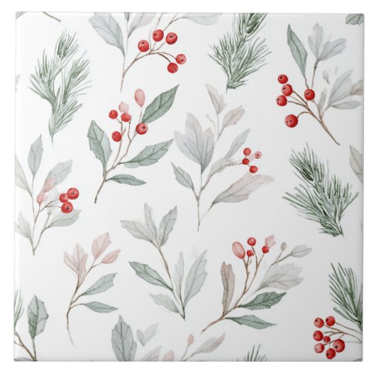 Mistletoe and Holly Berries Pattern Fliese (Vorderseite)