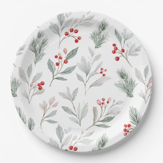 Mistletoe and Holly Berries Pattern Pappteller (Vorderseite)