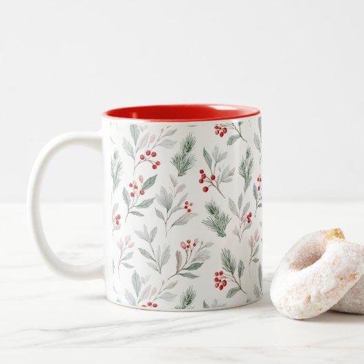 Mistletoe and Holly Berries Pattern Zweifarbige Tasse (Mit Donut)