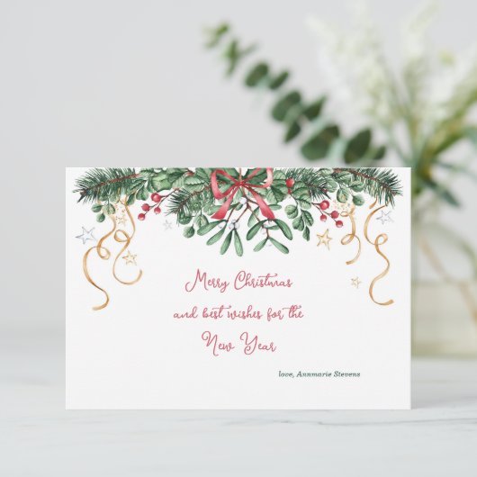 Mistletoe and Pine Christmas Card Einladung (Stehend Vorderseite)