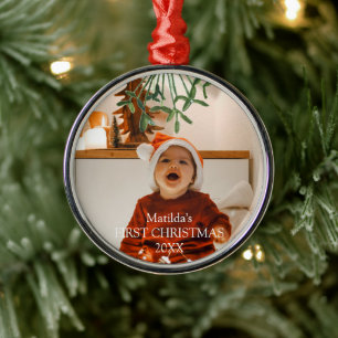 Mistletoe Baby's erstes Weihnachten Botanisches Fo Ornament Aus Metall