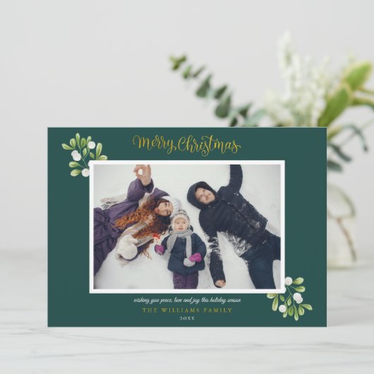 Mistletoe Foto Gold Script Frohe Weihnachten (Stehend Vorderseite)