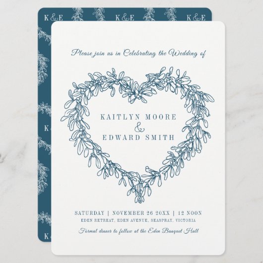 Mistletoe heart line Art Hochzeit blau Einladung (Vorne/Hinten)