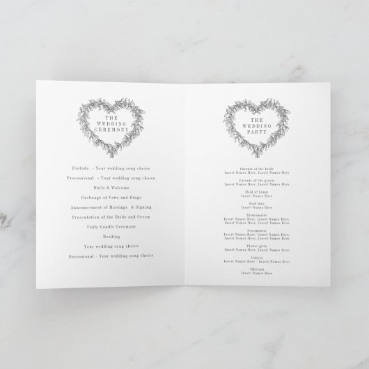 Mistletoe Herzkranz dunkelgraue weiße Hochzeit Programm (Innenseite)