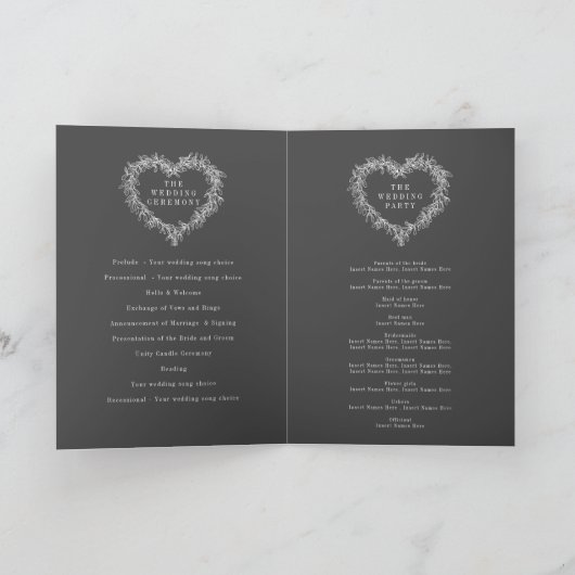 Mistletoe Herzkranz, weiß, dunkelgrau Hochzeit Programm (Innenseite)