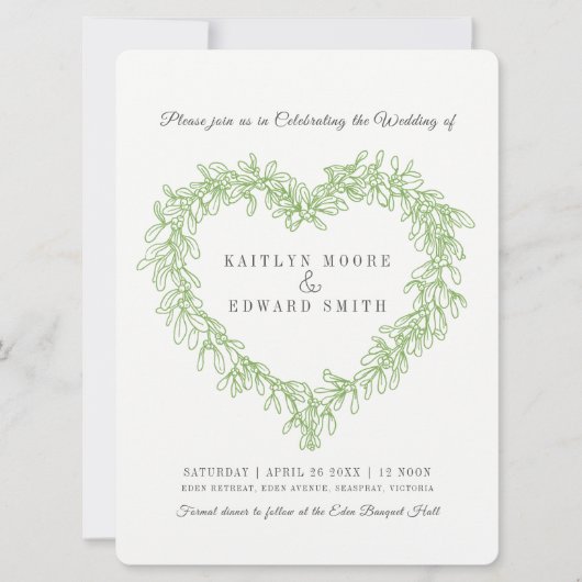 Mistletoe Herzline Hochzeit Grün Einladung (Vorderseite)