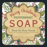 Mistletoe Holly Christmas Foliage Soap Labels Quadratischer Aufkleber<br><div class="desc">Freunde und Familie sind für Ihre Pfefferminzseife gewartet,  um den Beginn der Ferienzeit zu markieren! Fügen Sie die letzte "Frohe Weihnachten"-Touch und Ihren Namen zu Ihren handgemachten Seifen Kreationen. Dieses Aufkleber ist voll von Weihnachtsblättern wie Heilig und Mistleton.</div>