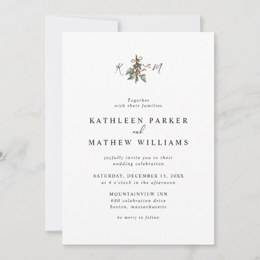 Mistletoe Initials Holiday Wedding Einladung (Vorderseite)