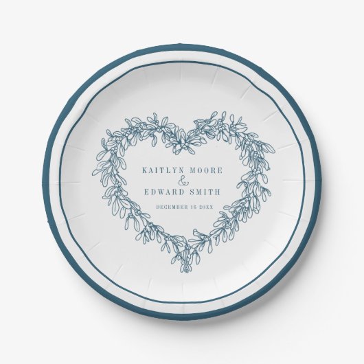 Mistletoe line Art Blue White Winter Hochzeit Pappteller (Vorderseite)