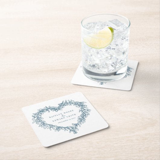 Mistletoe line Art Blue White Winter Hochzeit Rechteckiger Pappuntersetzer (Vor Ort)