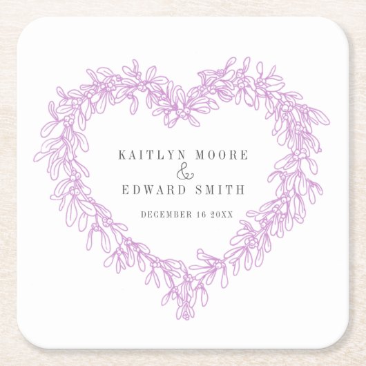 Mistletoe line Art lila Winterhochzeit Rechteckiger Pappuntersetzer (Vorderseite)