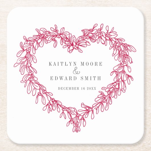 Mistletoe line Art Red White Winter Hochzeit Brauc Rechteckiger Pappuntersetzer (Vorderseite)