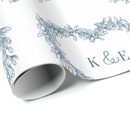 Mistletoe line art zeichnend monogramm blau geschenkpapier (Rolleneckpunkt)