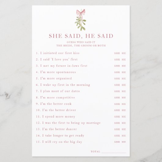 Mistletoe Pink Bow Brautparty Sie sagte, er sagte (Vorderseite)