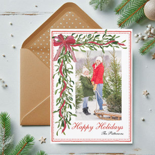 Mistletoe-Rote-Schleife-Familienfoto Frohe Feierta Feiertagskarte