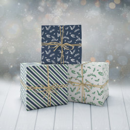 Mistletoe Twigs & Stripes Weihnachtsmuster Geschenkpapier Set