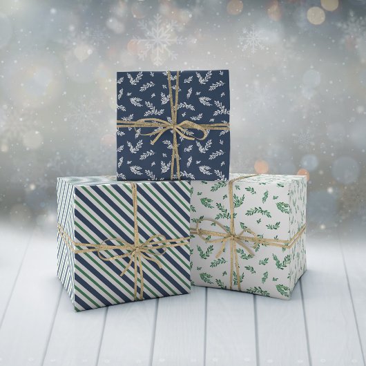 Mistletoe Twigs & Stripes Weihnachtsmuster Geschenkpapier Set