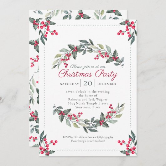Mistletoe und Holly Christmas Holiday Party Einladung (Vorne/Hinten)