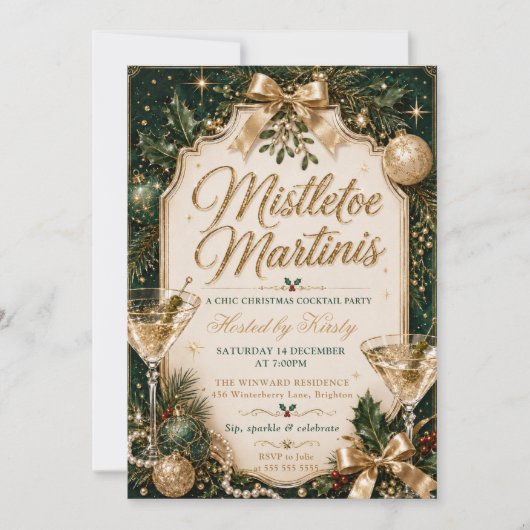 Mistletoe und Martinis Weihnachtsfeier Einladung (Vorderseite)