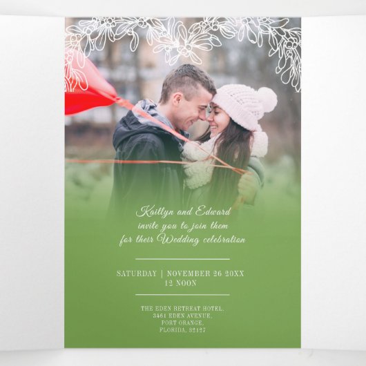 Mistletoe-Weiß Hochzeitsmahlzeit Option UAWG Tri Dreifach Gefaltete Einladung (Innenseite Mitte)