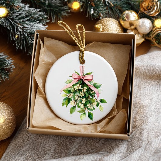 Mistletoe with Pink Ribbon Keramik Ornament