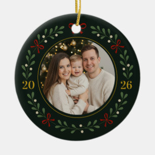 Mistletoe Wreath Foto Ornament - Dunkelgrüne Runde