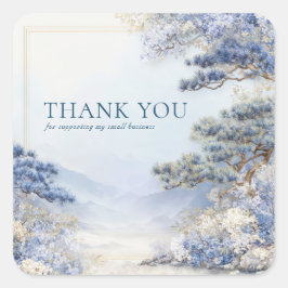 Misty Asian Pine Tree Blue Watercolor Gold Frame Quadratischer Aufkleber