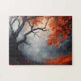 Misty Autumn Forest with Crimson Blätter Puzzle