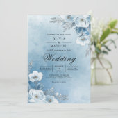 Misty Azure Bloom Wedding Einladung (Stehend Vorderseite)