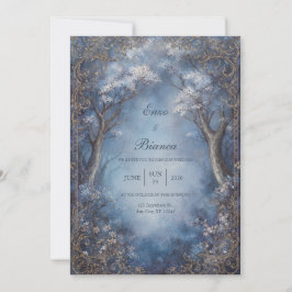 Misty Blue Enchanted Forest Gold Filigree Wedding Einladung