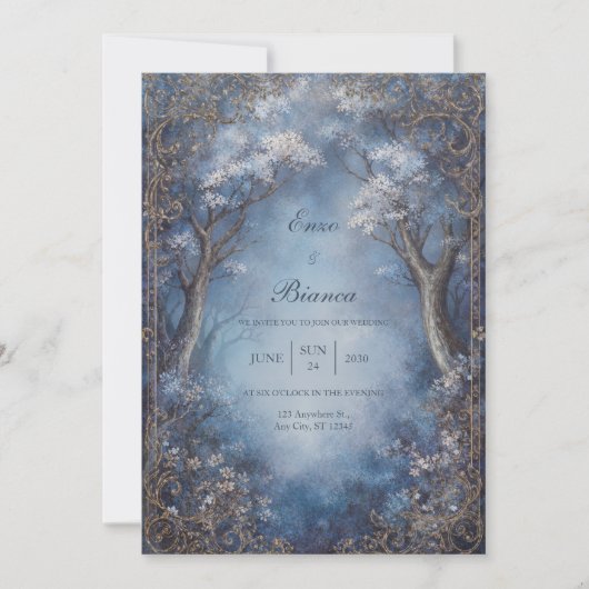 Misty Blue Enchanted Forest Gold Filigree Wedding Einladung (Vorderseite)