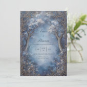 Misty Blue Enchanted Forest Gold Filigree Wedding Einladung (Stehend Vorderseite)