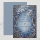 Misty Blue Enchanted Forest Gold Filigree Wedding Einladung (Vorne/Hinten)