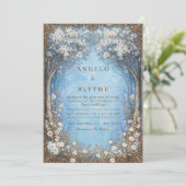 Misty Blue Enchanted Forest Gold Frame Wedding Einladung (Stehend Vorderseite)