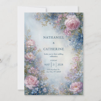 Misty Blue Ethereal Rose Border Wedding Einladung